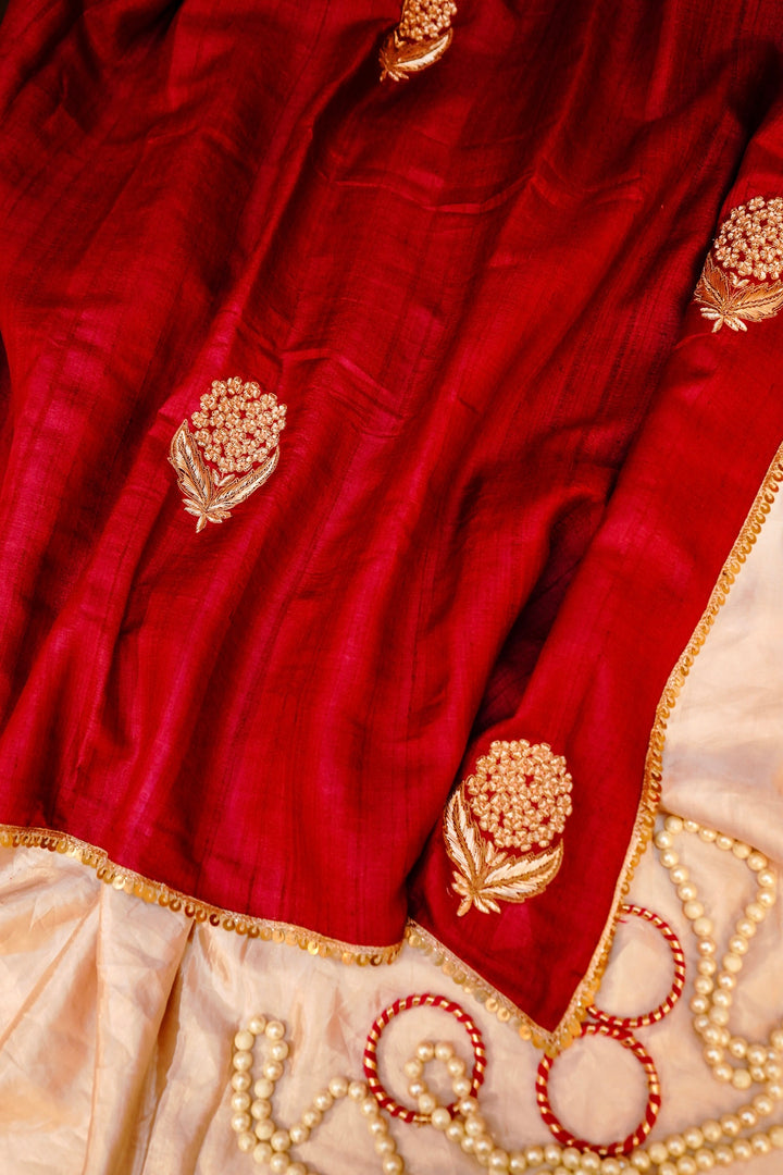 Regal Dark Magenta Handloom Tussar Silk Hand Zardozi Embroidery Saree