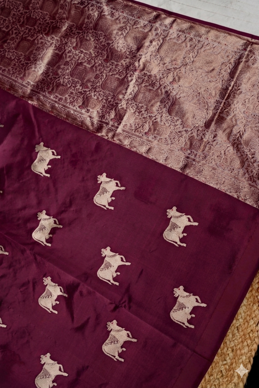 Wine Handwoven Banarasi Pure Puna Silk Saree with Zari Nandi Motif