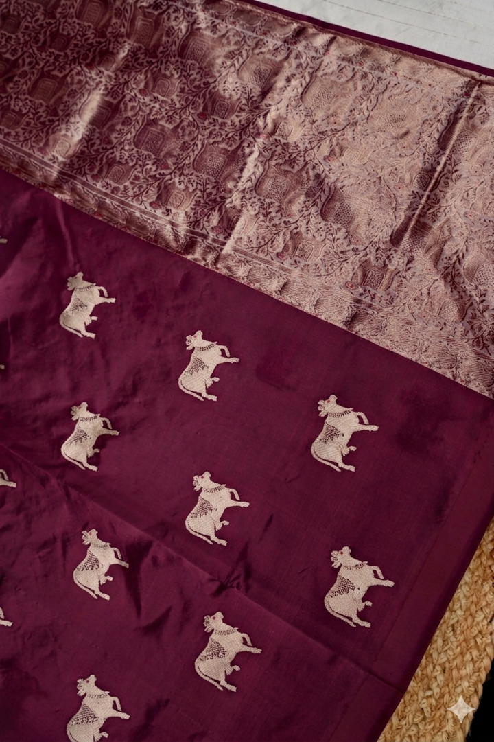 Wine Handwoven Banarasi Pure Puna Silk Saree with Zari Nandi Motif
