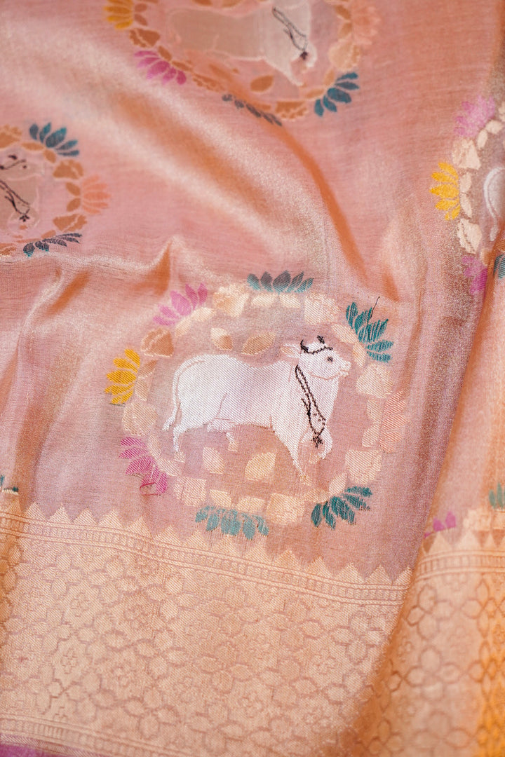 Handwoven Rose Gold Banarasi Pure Tissue Katan Silk Saree with Nandi Motifs