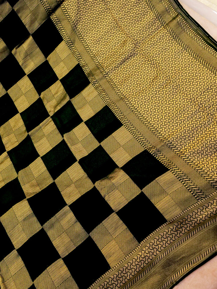 Luxury Bottle Green Banarasi Khaddi Georgette Saree with Exquisite Zari Weave Checks