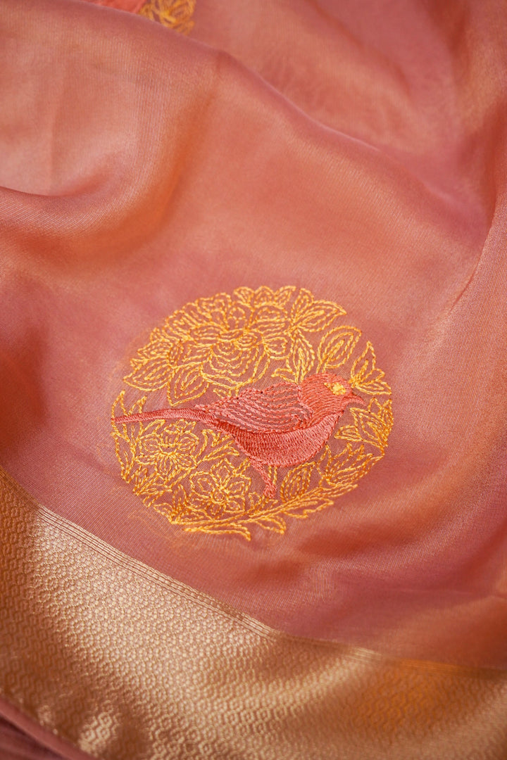 Pink Rose Gold Soft Tissue Saree Resham Bird Motifs &amp; Woven Border