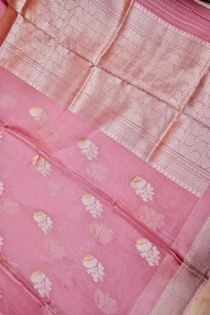 Banarasi Pastel Pink Kota Check Saree Zari Weave Elegant Floral Motifs
