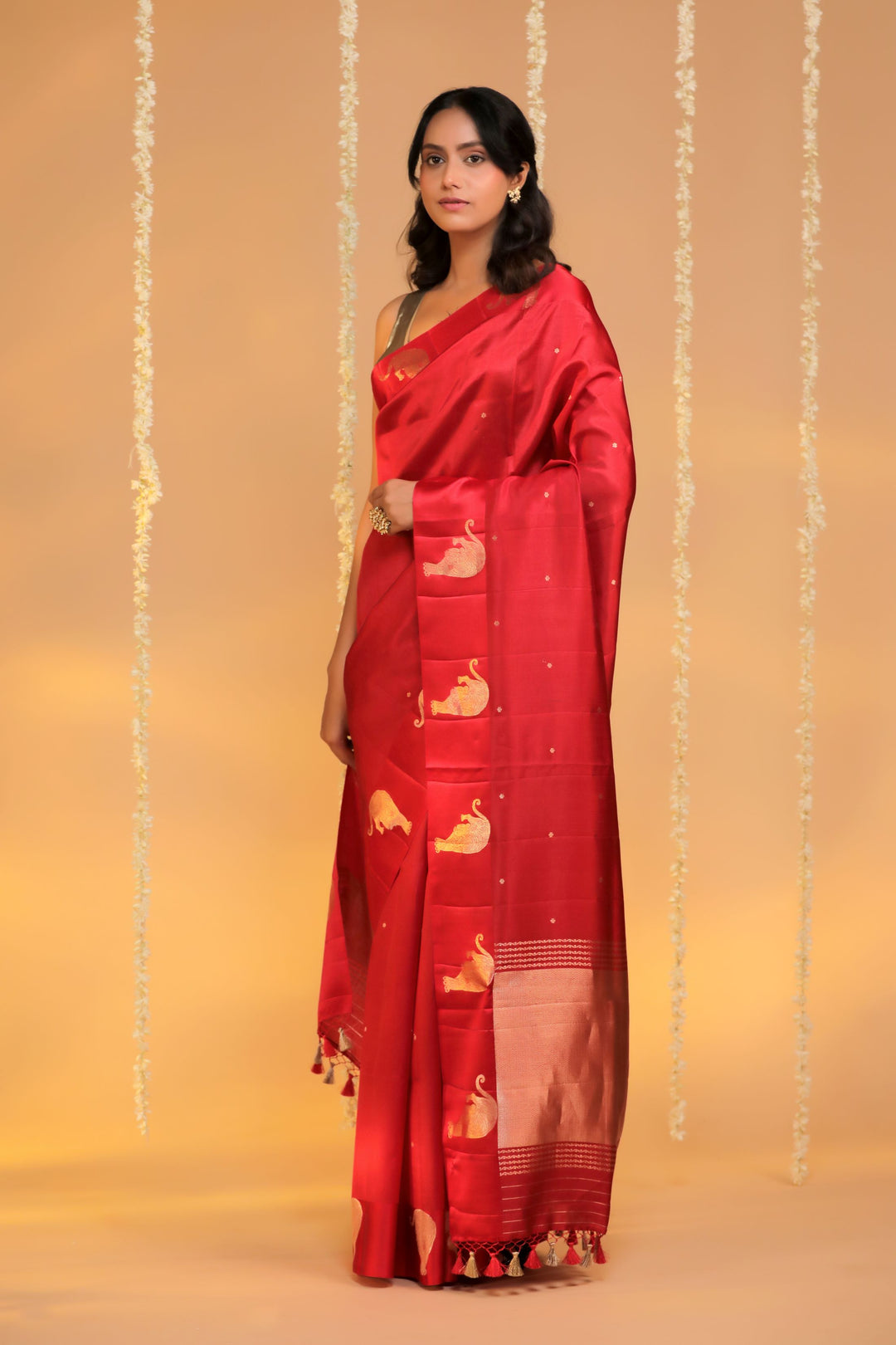 Handwoven Red Banarasi Pure Mashru Silk Bridal Saree Tiger Motif side view