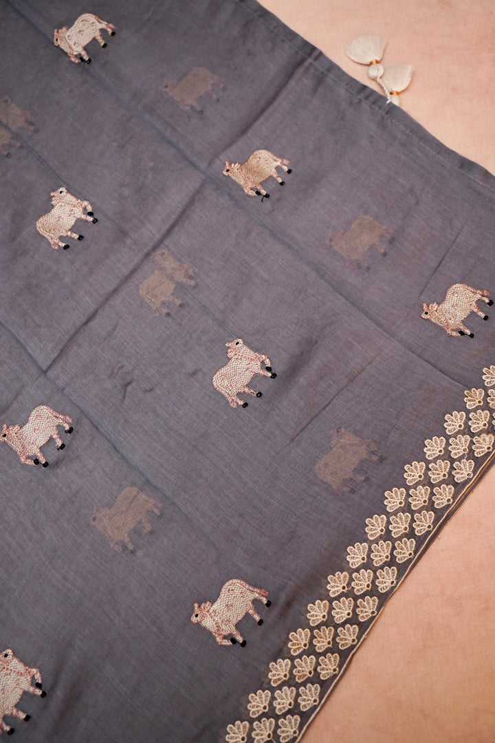 Grey Pure Chanderi Silk Suit Set with Pichwai Thread Embroidery