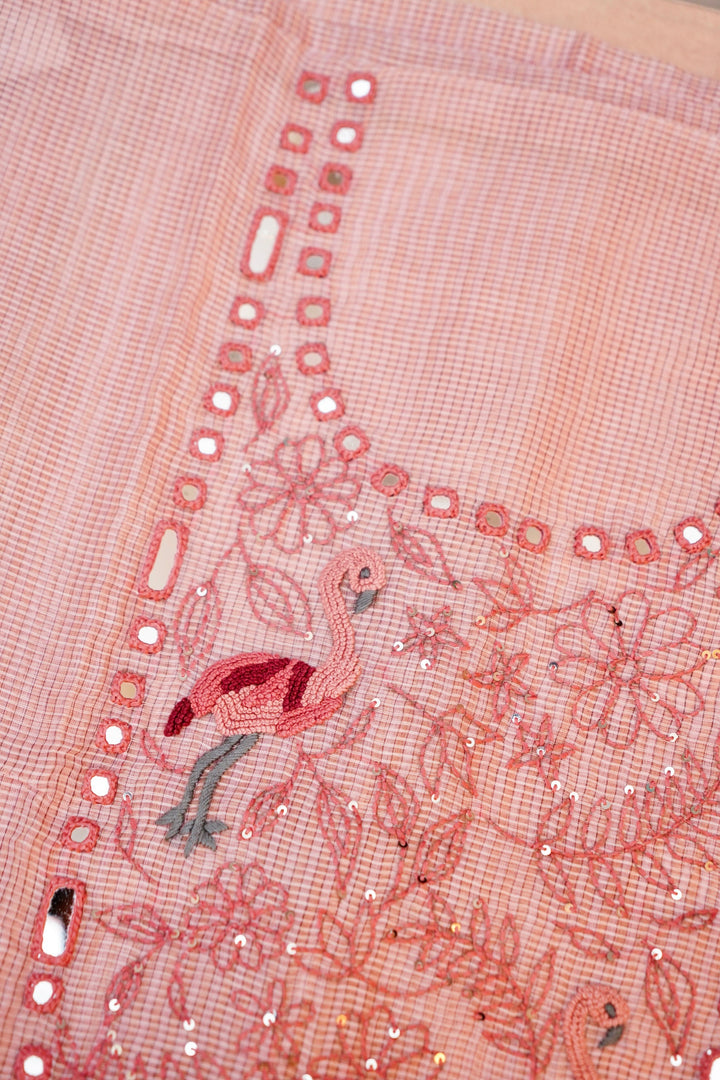 Pink Pure Chanderi Kota Fabric with Mirror & French Knot Thread Embroidery