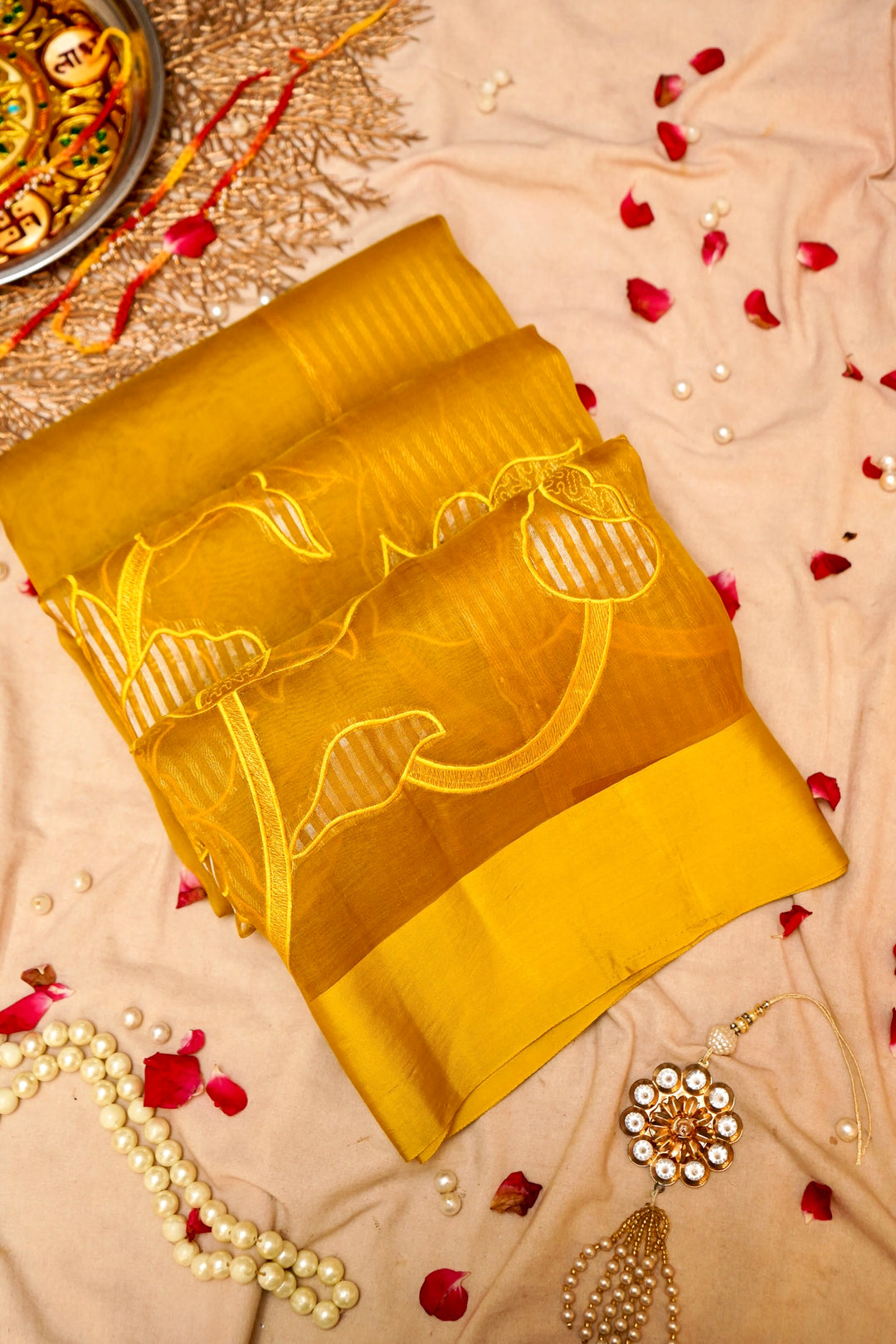 Haldi Wear Pure Organza Saree with Banarasi Brocade Appliqué Work View 1