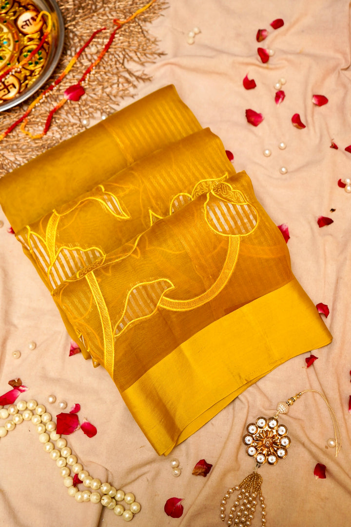 Haldi Wear Pure Organza Saree with Banarasi Brocade Appliqué Work View 1