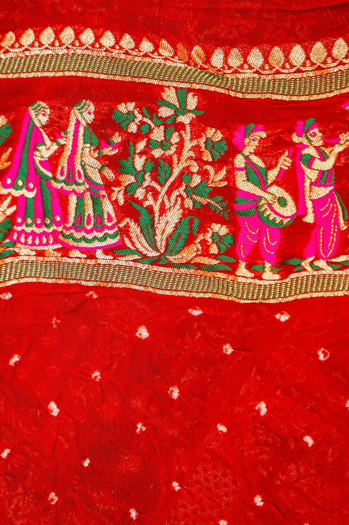 Maroon Handwoven Pure Khaddi Georgette Bridal Bandhej Saree View 7