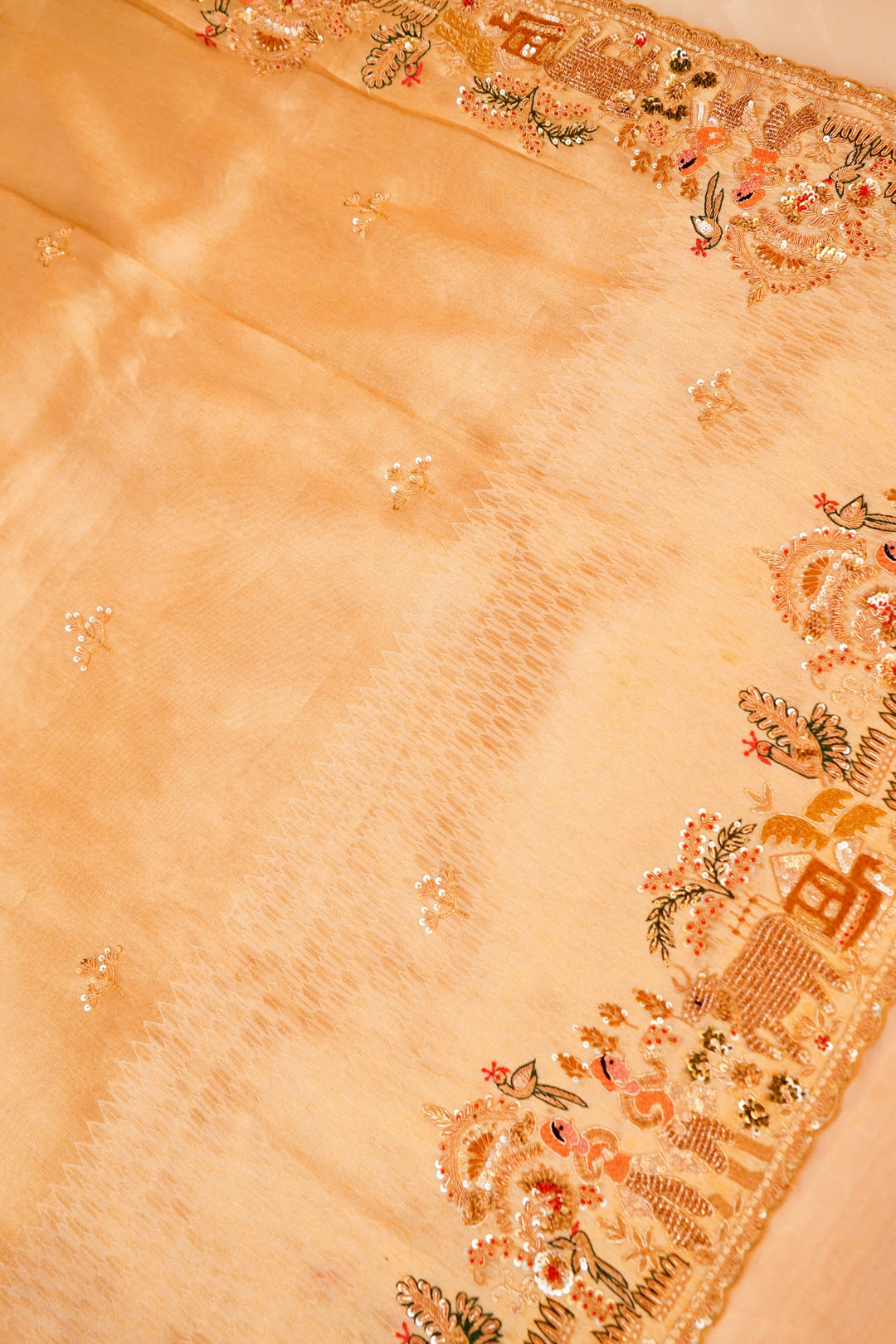 Golden Pure Katan Tissue Saree with Meenakari Zardozi Embroidery – A Royal Ensemble