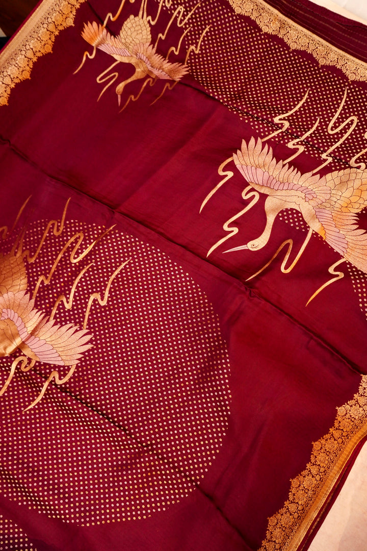 Banarasi Satin Crepe Bandhej Weaving Saree with Elegant Birds Motif