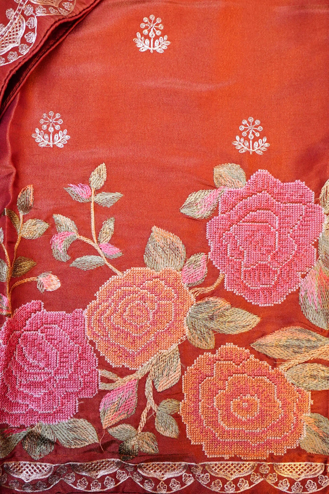 Orange Crepe Tissue Silk Suit Set with Pitta Zari and Embroidery Work