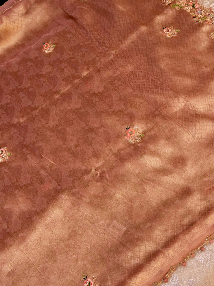 Copper Gold Banarasi Brocade Silk Saree with Zardozi and Resham Work