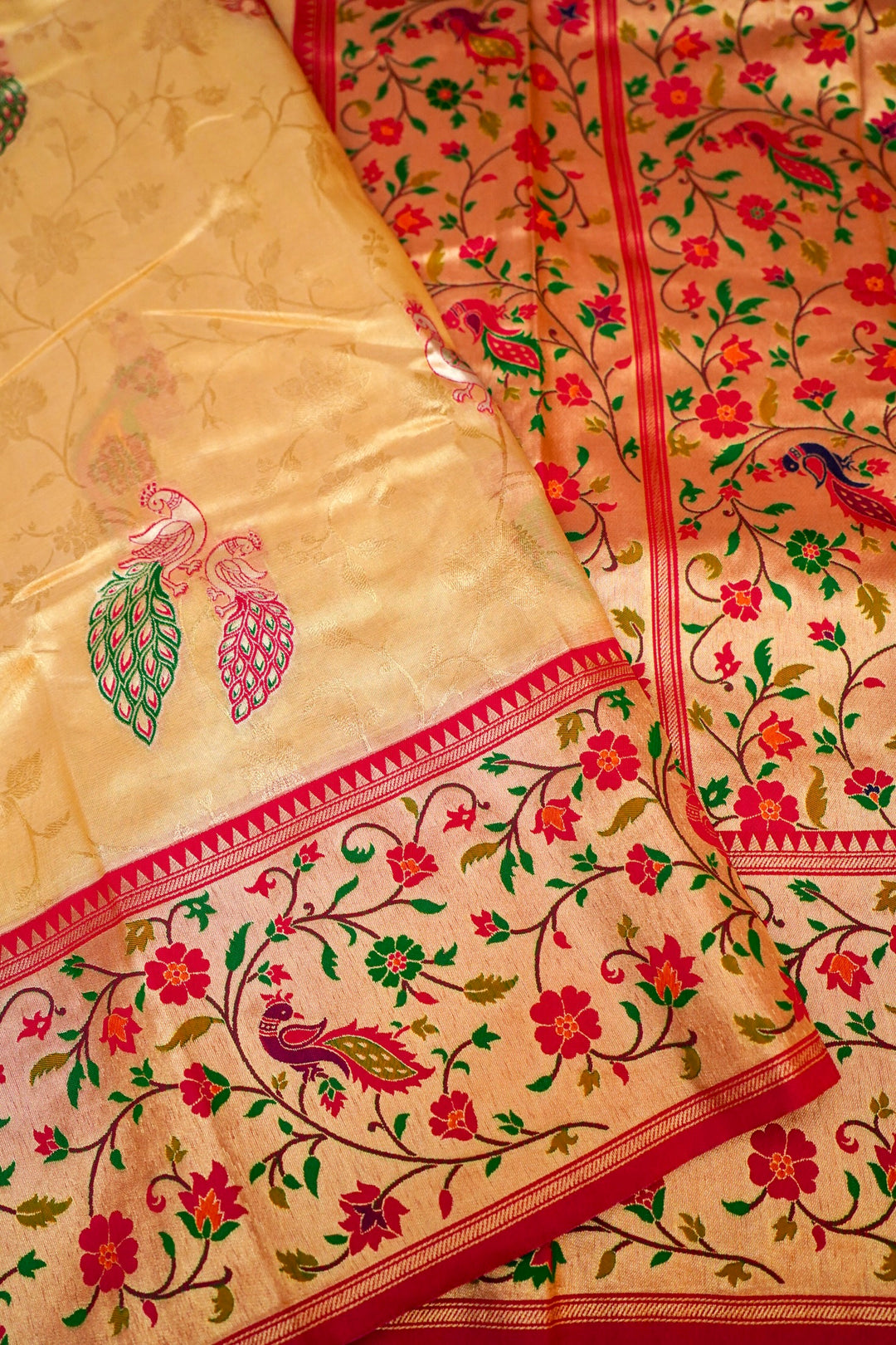 Beige Gold Silk Tissue Saree with Figure Motif Paithani Border