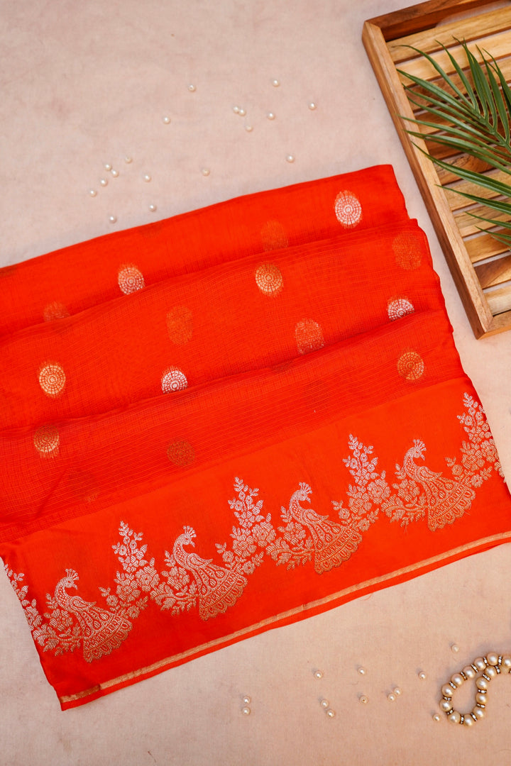 Orange Kota Check Saree with Sona Rupa Zari Work Silk Motif Border