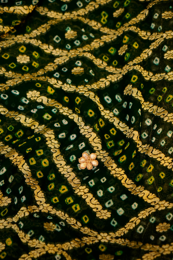 Regal Charm of Handwoven Banarasi Pure Green Khaddi Georgette Bandhej Saree