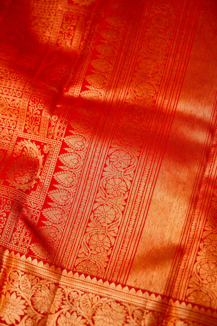 Vibrant Red Traditional Kanjivaram Silk Brocade Saree View 5