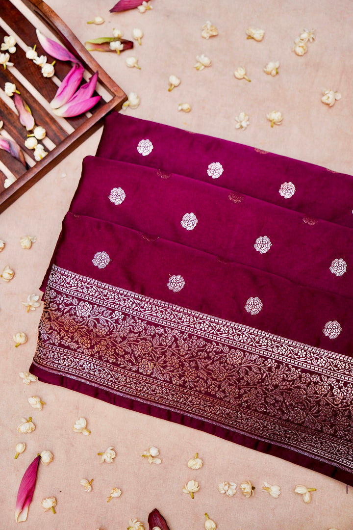 Regal Elegance in Wine Mashru Silk Saree with All-Over Silver Zari Weave