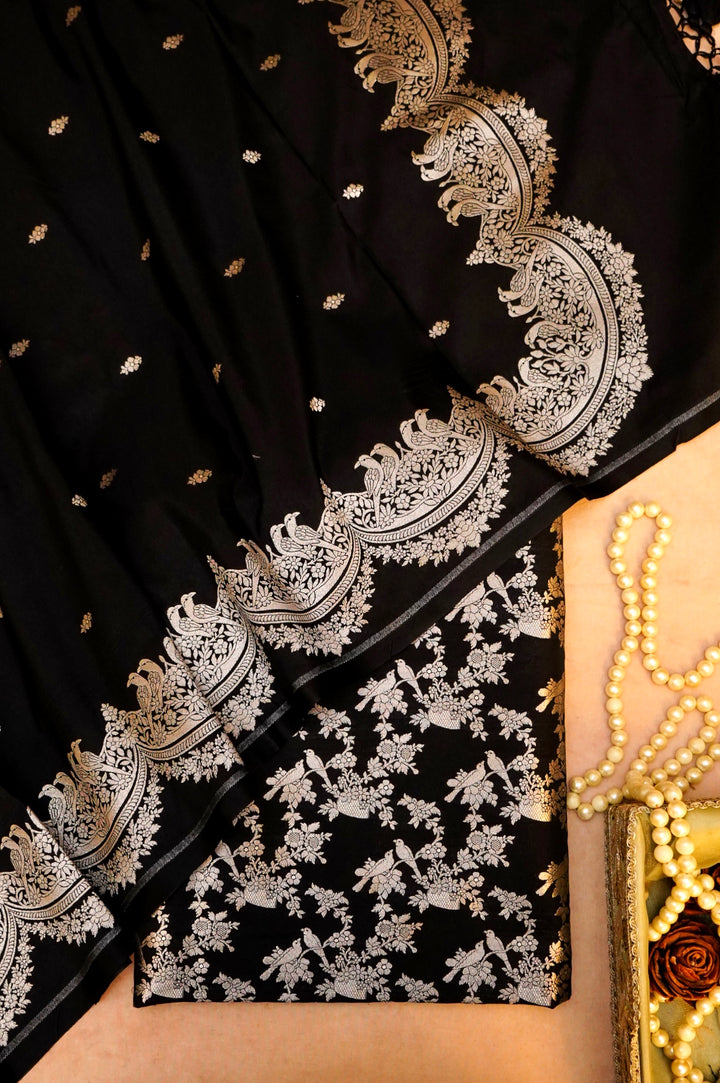 Black Banarasi Katan Silk Suit Set with Birds Motif Top and Bootidar Dupatta