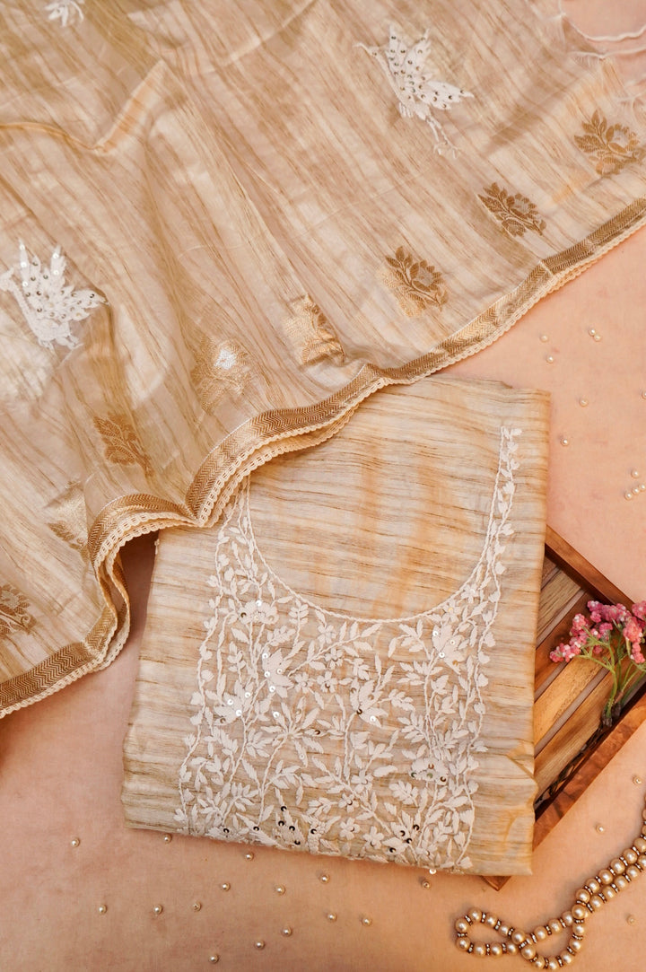 Unstitched Beige Gold Tussar Silk Suit with French Knot Thread Embroidery