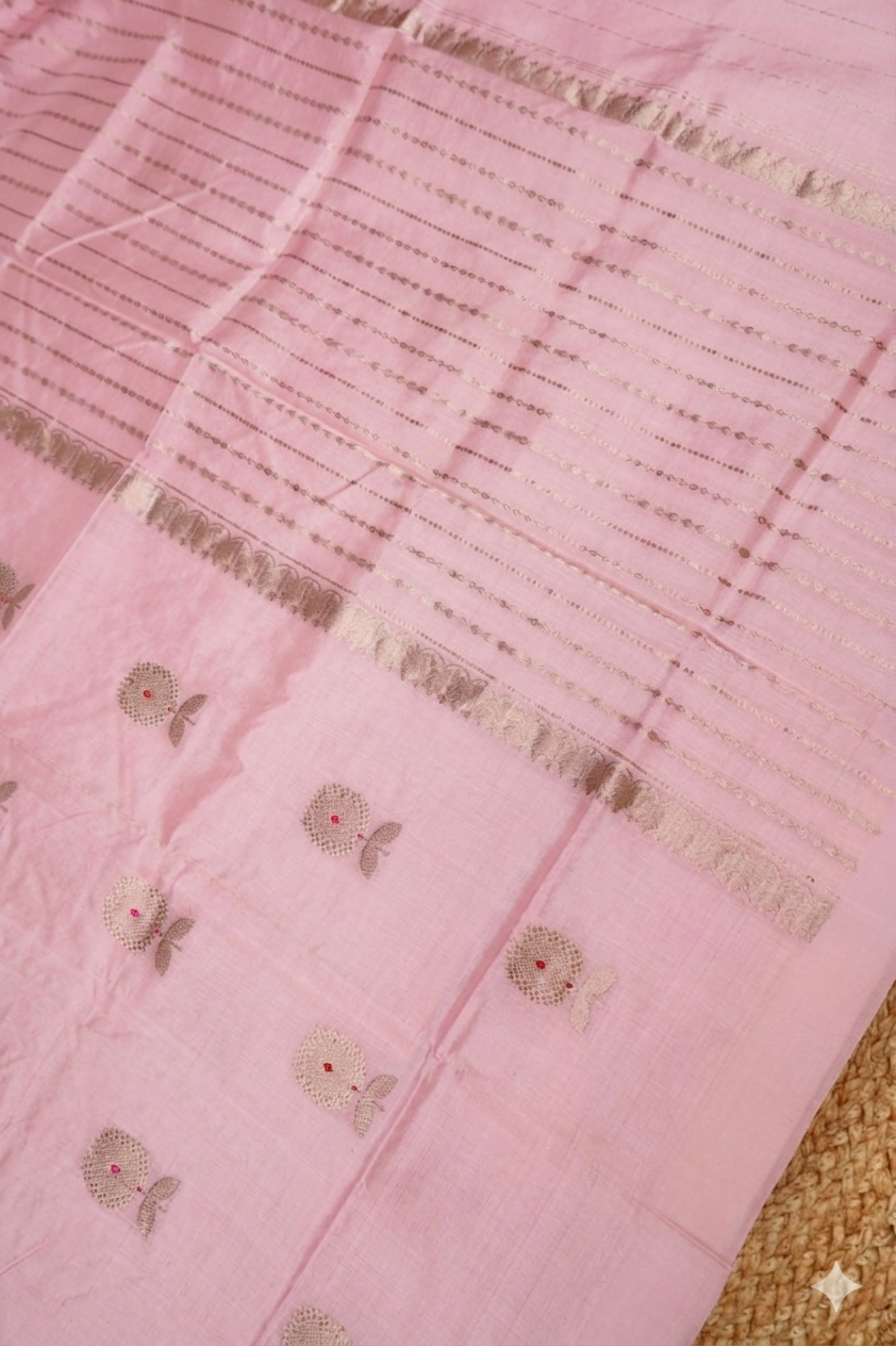 Handwoven Baby Pink Banarasi Pure Puna Silk Saree with Meenakari Booti