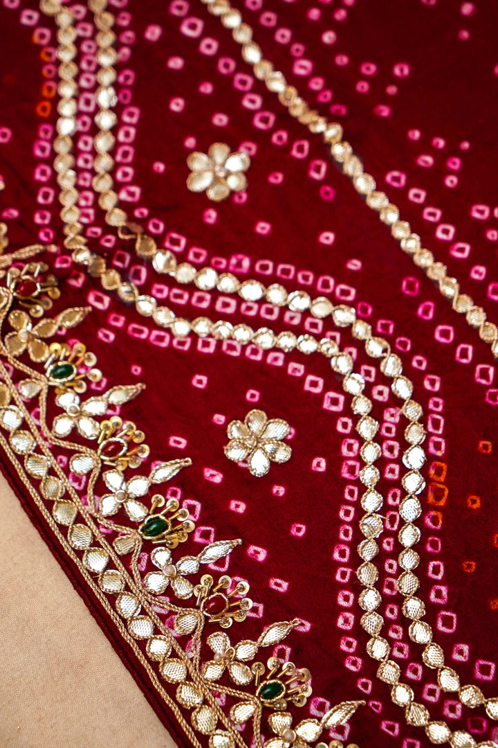 Maroon Rajgharana Gota Patti and Kundan Embroidery Pure Gajji Gharchola Dupatta View 5