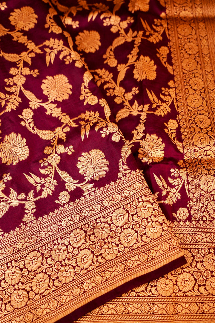 Wine Handwoven Banarasi Pure Katan Silk Upadda Jaal Saree with Jangla Zari Design