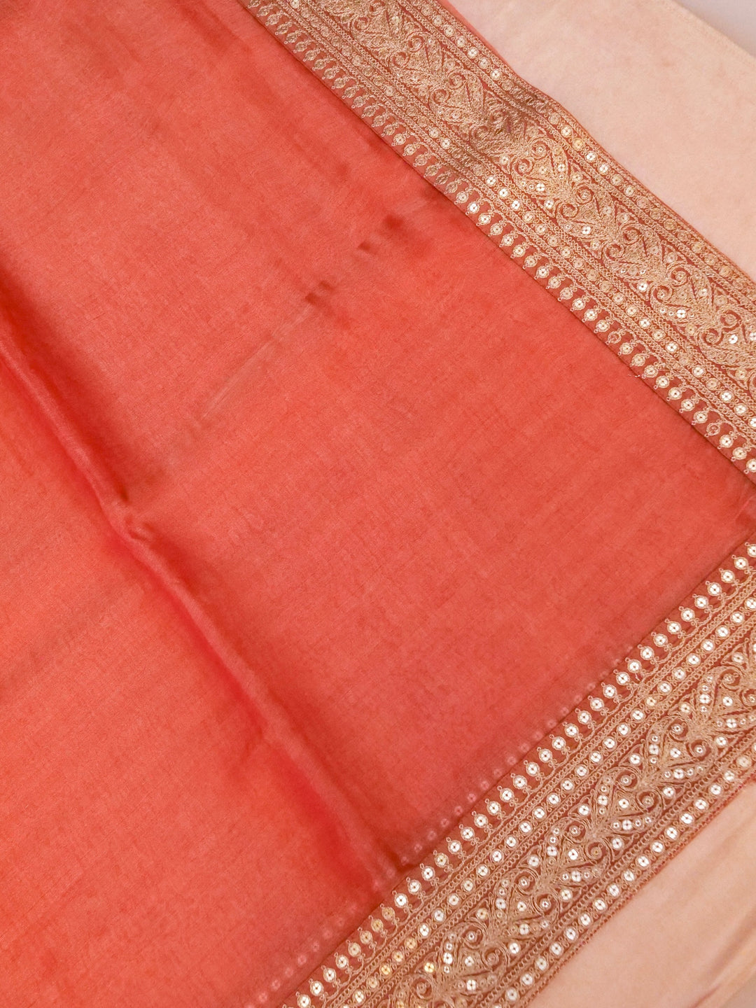 Peach Pure Crepe Silk Saree with Sabyasachi Inspired Border Heavy Embroidered Silk Blouse View 2