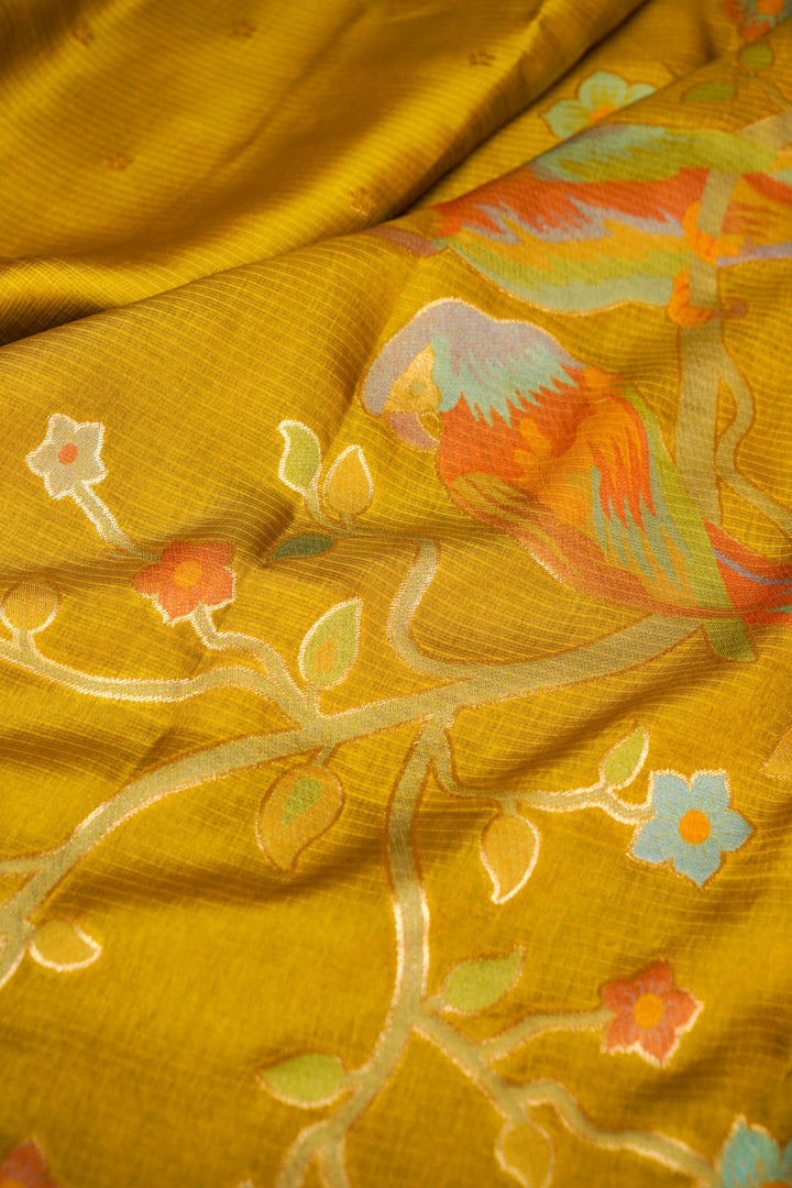 Mustard Banarasi Kota Saree for Haldi Wear with Silk Border &amp; Paithani Weaving