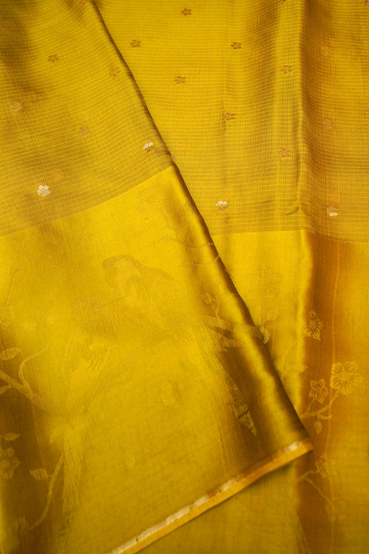Mustard Banarasi Kota Saree for Haldi Wear with Silk Border &amp; Paithani Weaving