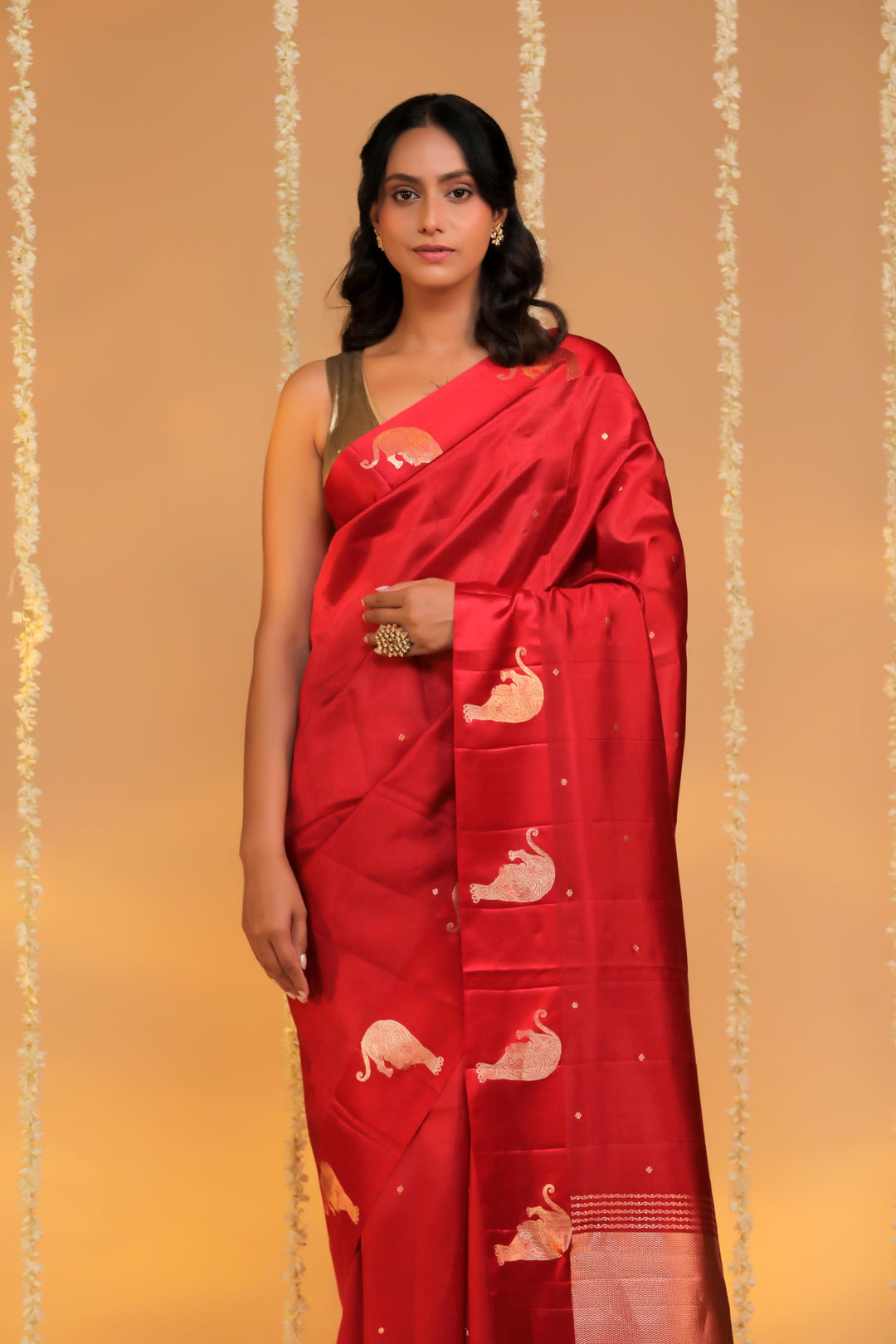 Handwoven Red Banarasi Pure Mashru Silk Bridal Saree Tiger Motif front View 1