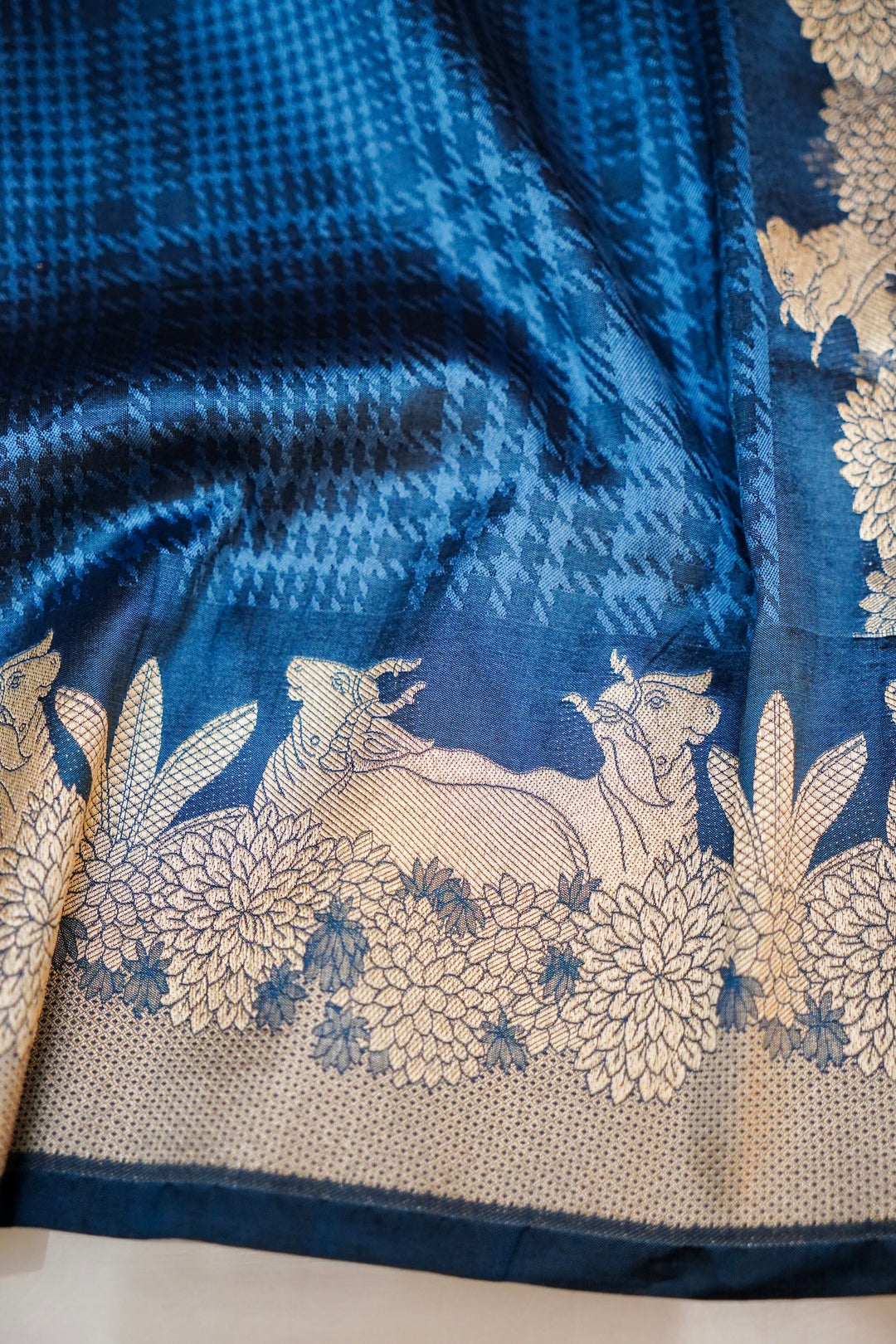 Teal Blue Handwoven Banarasi Katan Silk Saree with Golden Zari Shikargah Border & Pallu