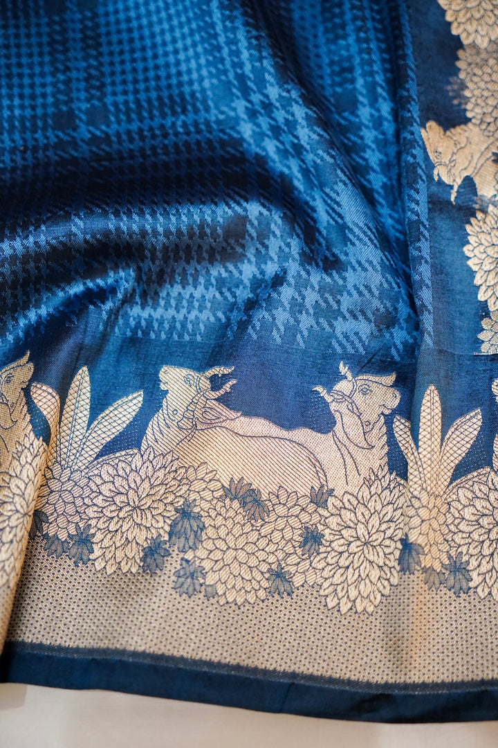 Teal Blue Handwoven Banarasi Katan Silk Saree with Golden Zari Shikargah Border & Pallu