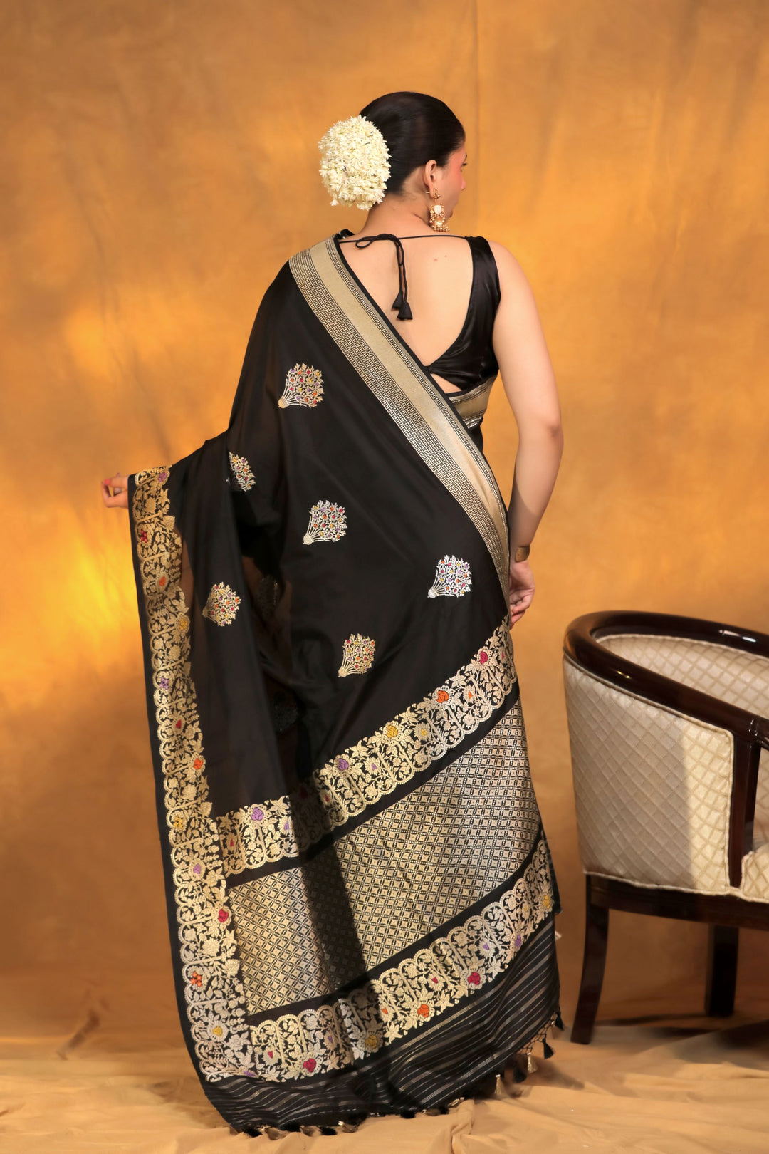 Handwoven Banarasi Black Pure Katan Silk Sona Rupa Meenakari Saree Back View