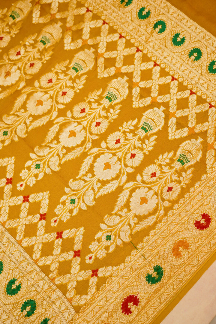 Haldi Wear Yellow Pure Khaddi Georgette Meenakari Saree View 3