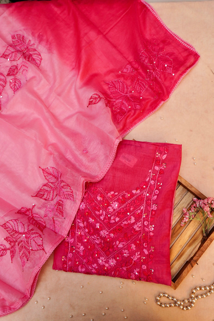 Dual Shaded Pure Mul Chanderi Unstitched Suit with French Knot Embroidery