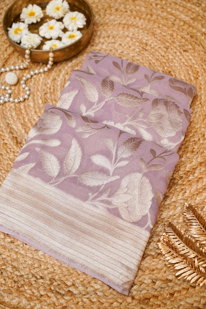 Lavender Pure Georgette Saree with Zari Weave Jangla Design