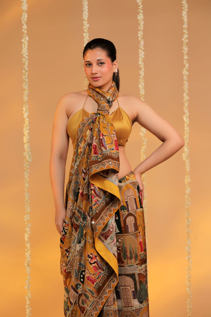 mustard yellow designer crepe silk katha embroider figure motif haldi wear saree closeup view 3