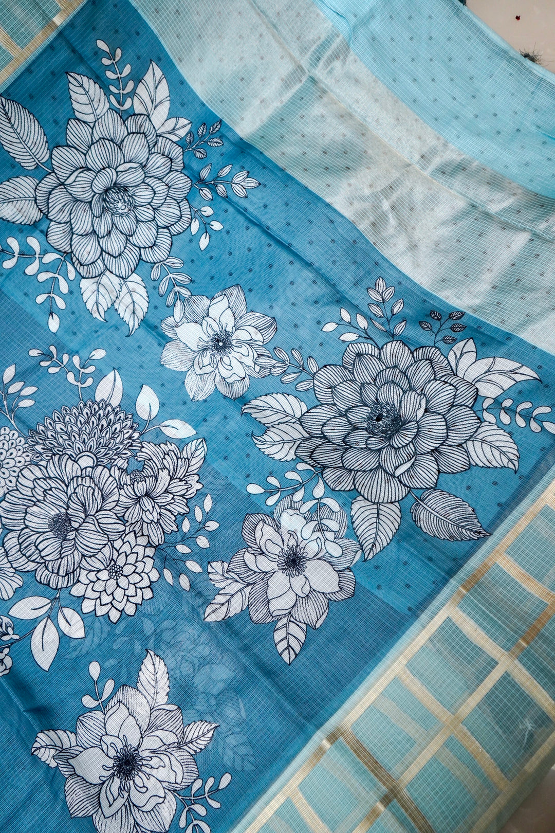 Glacier Blue Kota Check Saree with Printed Body and Zari Weave Check Border View 2