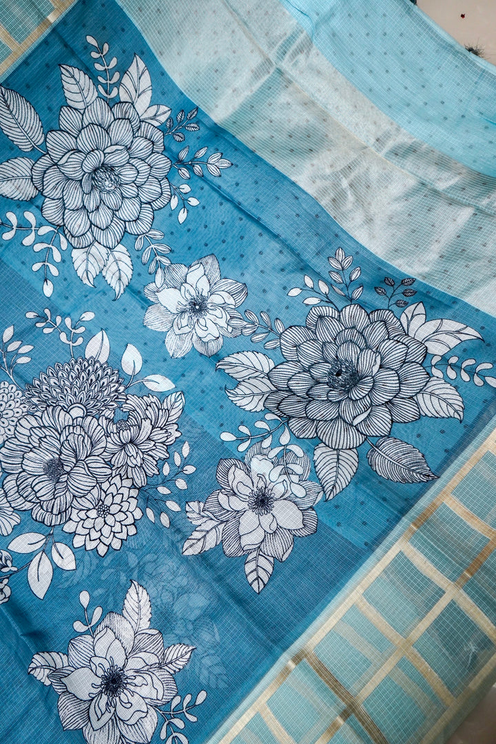 Glacier Blue Kota Check Saree with Printed Body and Zari Weave Check Border View 2