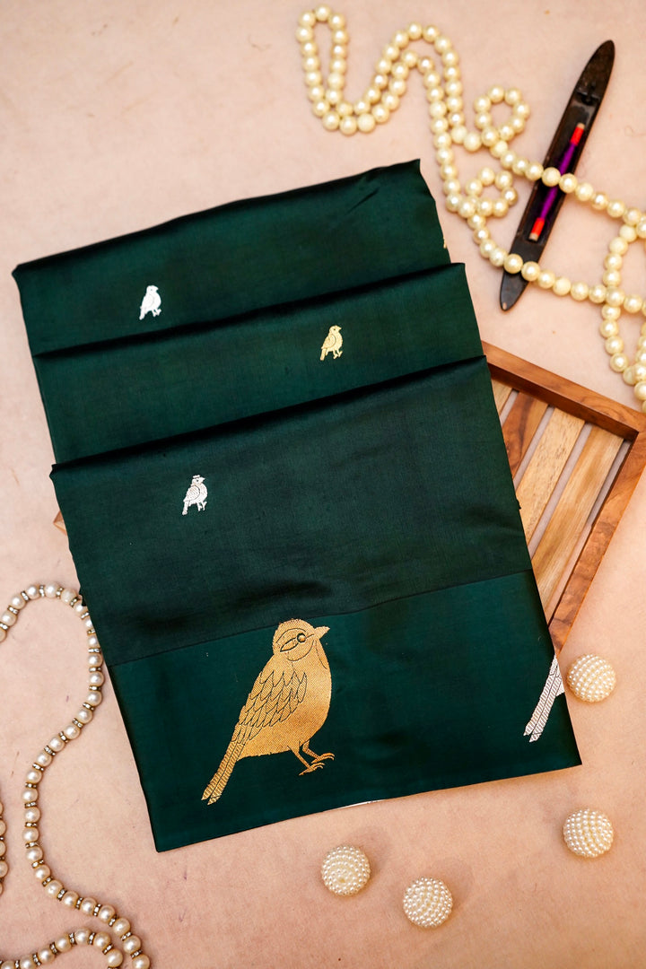 Bottle Green Elegance – Raw Mango Handwoven Pure Katan Silk Sparrow Motif Saree