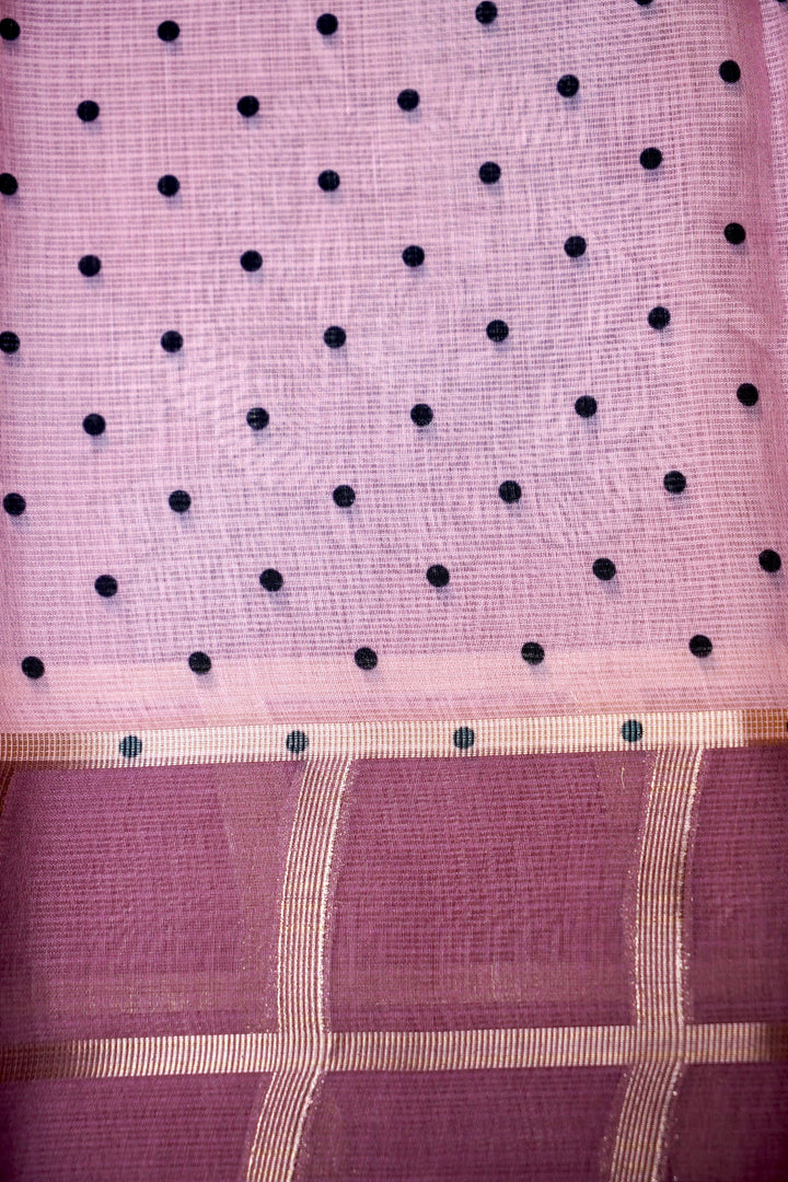 Mauve Pink Kota Check Saree with Printed Body and Zari Weave Check Border Blouse