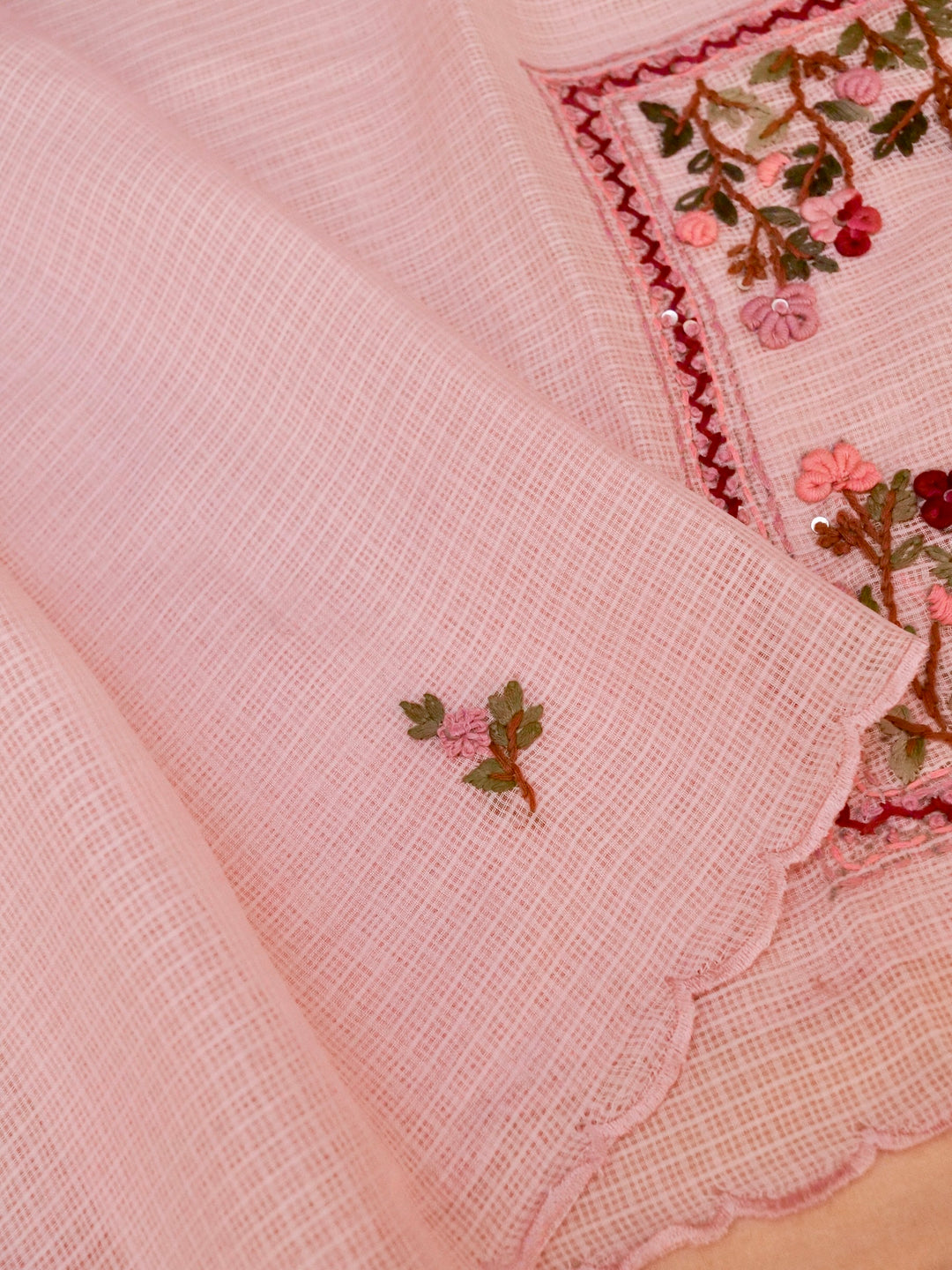 Baby Pink Pure Kota Saree with Kantha Embroidery Hand Painted Motifs View 3