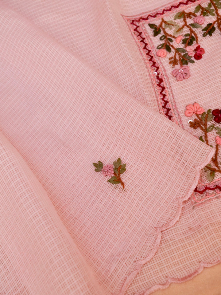 Baby Pink Pure Kota Saree with Kantha Embroidery Hand Painted Motifs View 3