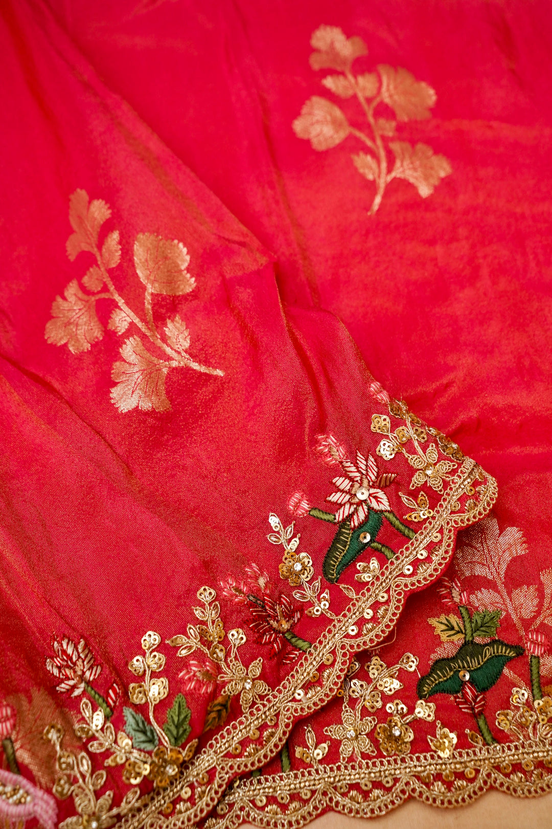 Pink and Orange Lehenga Pattern Half Half Tissue Silk Meenakari Embroidery Saree View 3