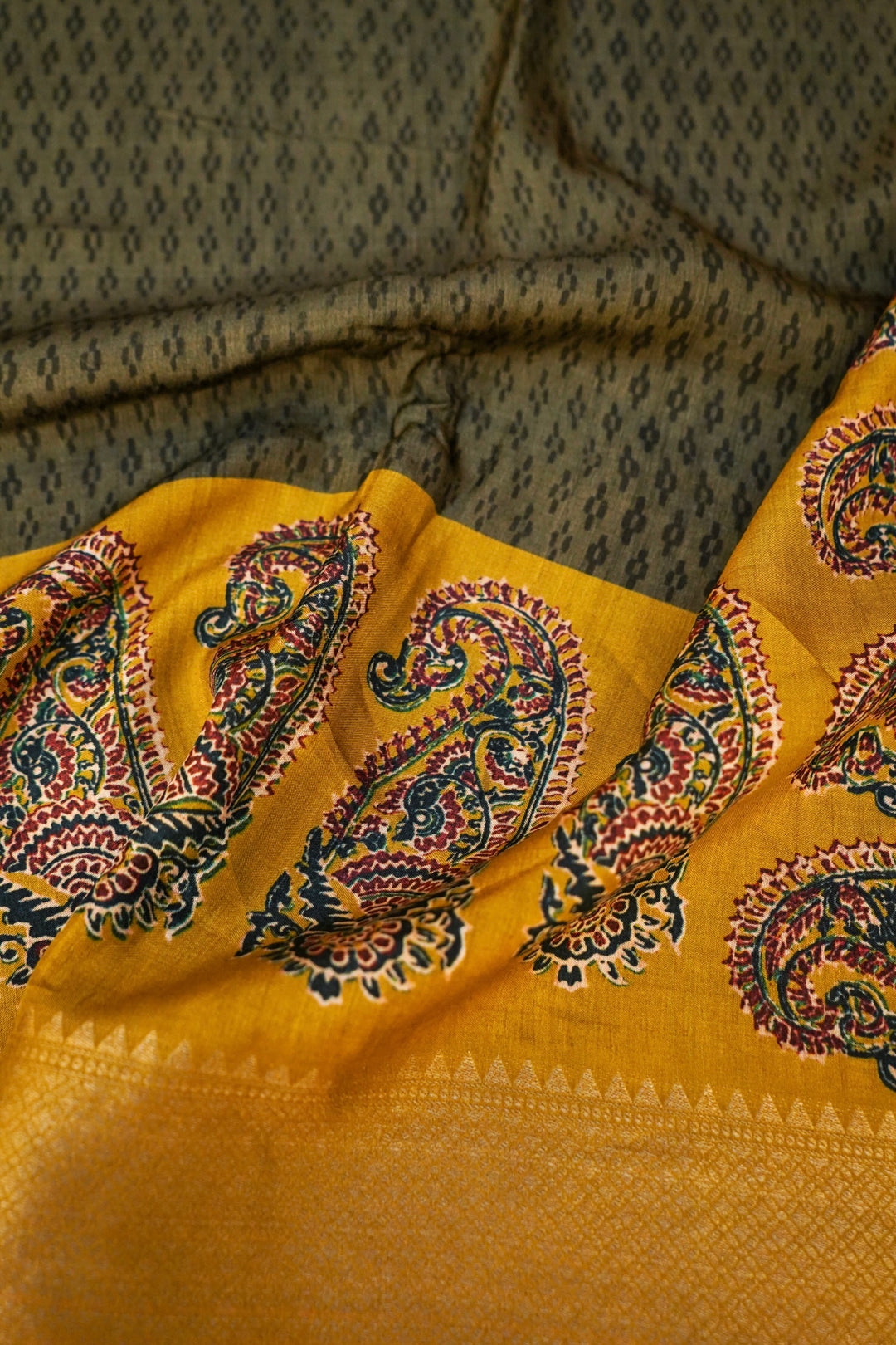 Green Crepe Silk Saree with Meenakari Carry Motif &amp; Yellow Contrast Border