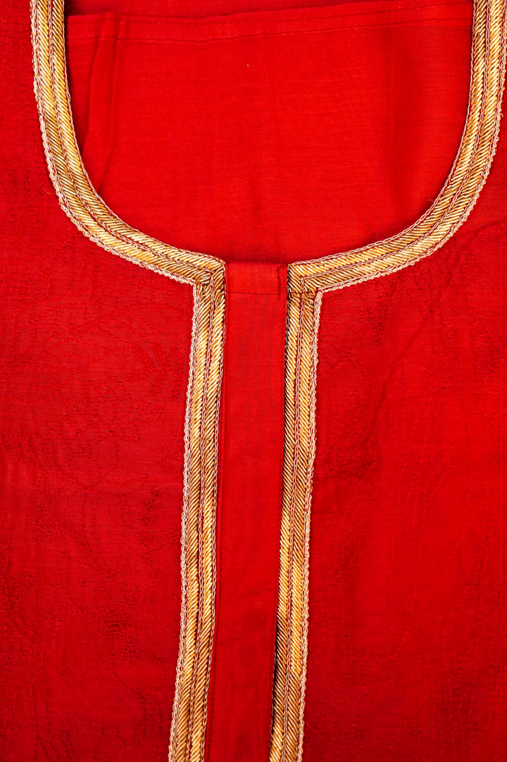 Pure Red Chanderi Silk Suit Set with Zardozi Neckline & Pichwai Embroidered Dupatta