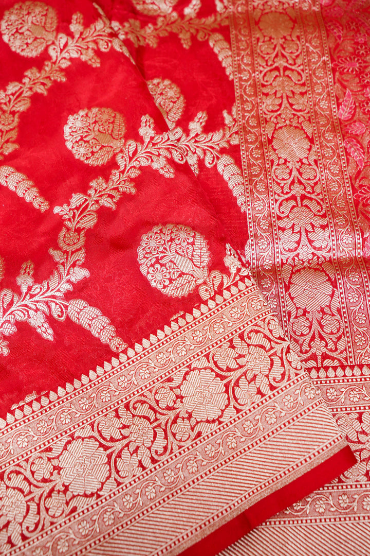 Red Bridal Banarasi Handloom Pure Katan Silk Jaal Saree with Meenakari Pallu