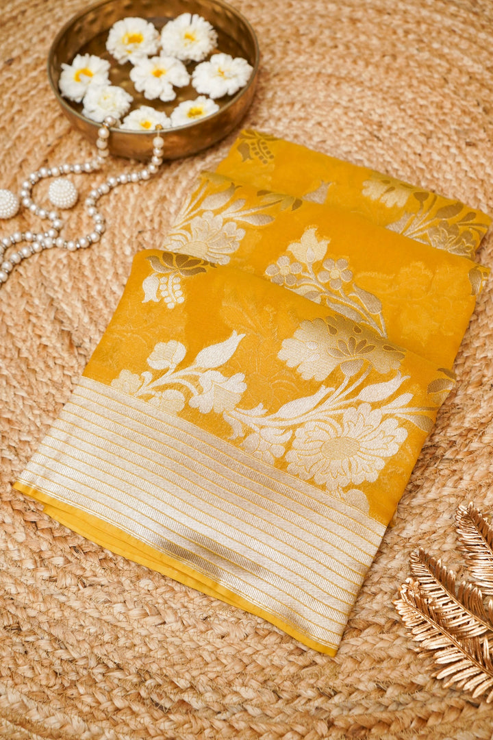 Yellow Pure Georgette Saree with Zari Weave Jangla Design