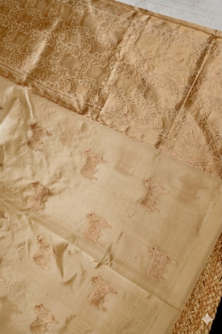 Beige Gold Handwoven Banarasi Pure Puna Silk Saree with Zari Nandi Motif